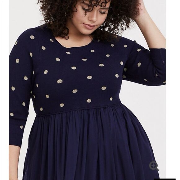 Torrid Polka Dot Babydoll Sweater Mini Dress Plus Size 6X Navy Blue Gold - Picture 5 of 10
